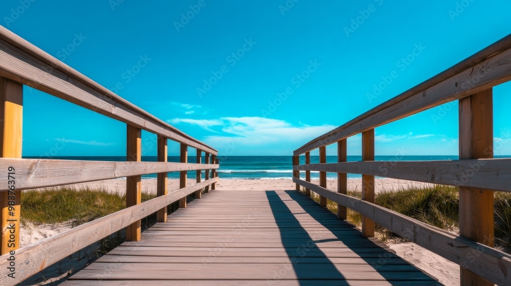 Scenic Beach Wooden Pathway on a Sunny Day with Clear Blue Skies and Ocean View Scenic Beach Wooden Pathway on a Sunny Day with Clear Blue Skies and Ocean View