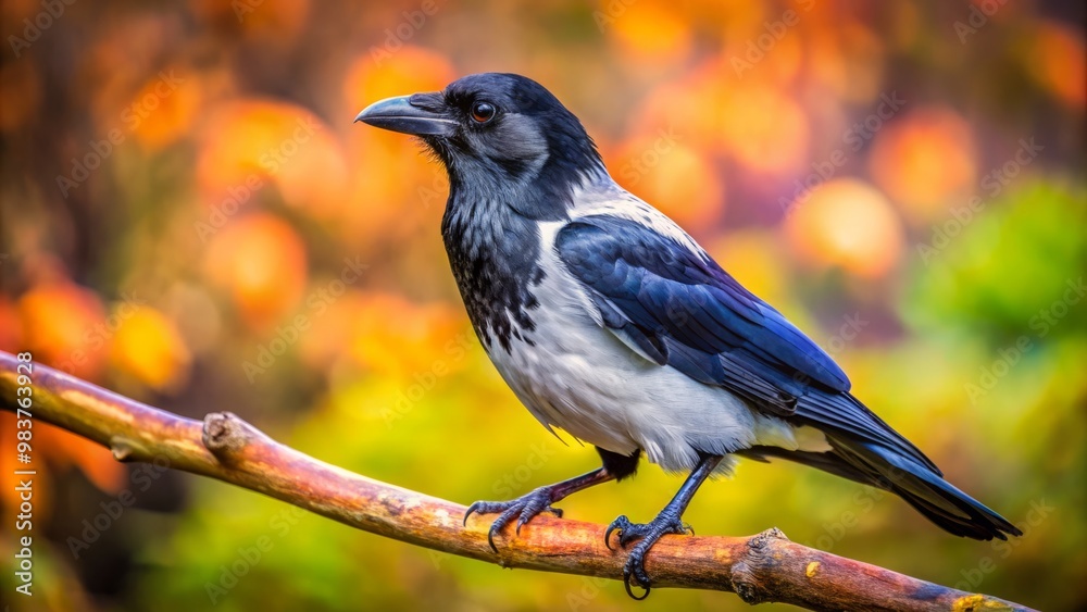 A striking black and white crow sits on a branch, showcasing dramatic contrast and captivating texture, highlighting A striking black and white crow sits on a branch, showcasing dramatic contrast and captivating texture, highlighting