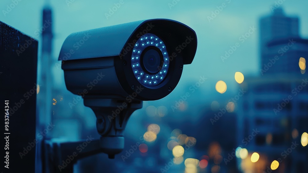 A modern security camera monitoring a cityscape at dusk, showcasing technology in urban settings with bokeh lights in the background.
