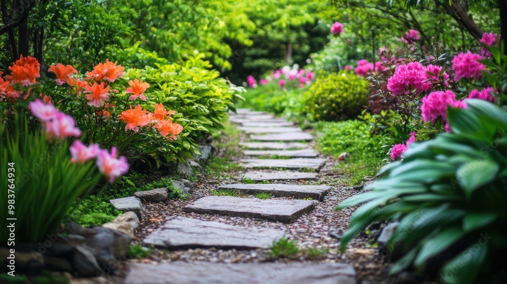 Stone Pathway through Lush Garden Stone Pathway through Lush Garden