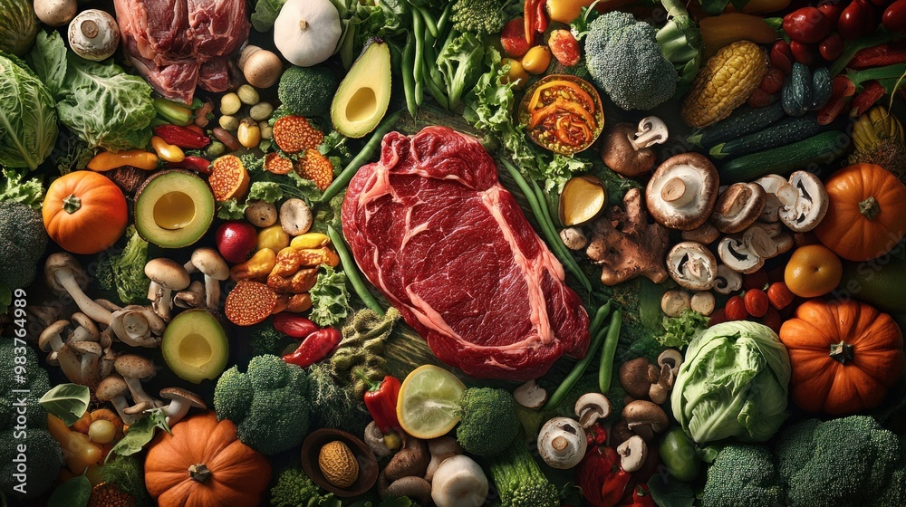 A Vibrant Display of Fresh Produce and Meat A Vibrant Display of Fresh Produce and Meat