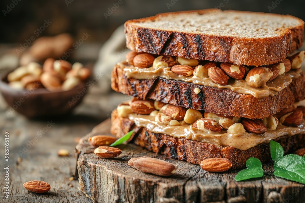 Almond Butter and Almond Sandwich on Rustic Wooden Board Almond Butter and Almond Sandwich on Rustic Wooden Board