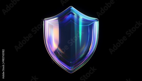 A glossy, blue-tinted shield icon representing protection, security, and defense, set against a black background. photo