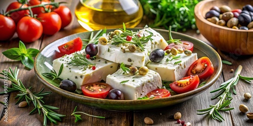 Authentic Mediterranean dish with fresh white cheese, herbs, and olive oil