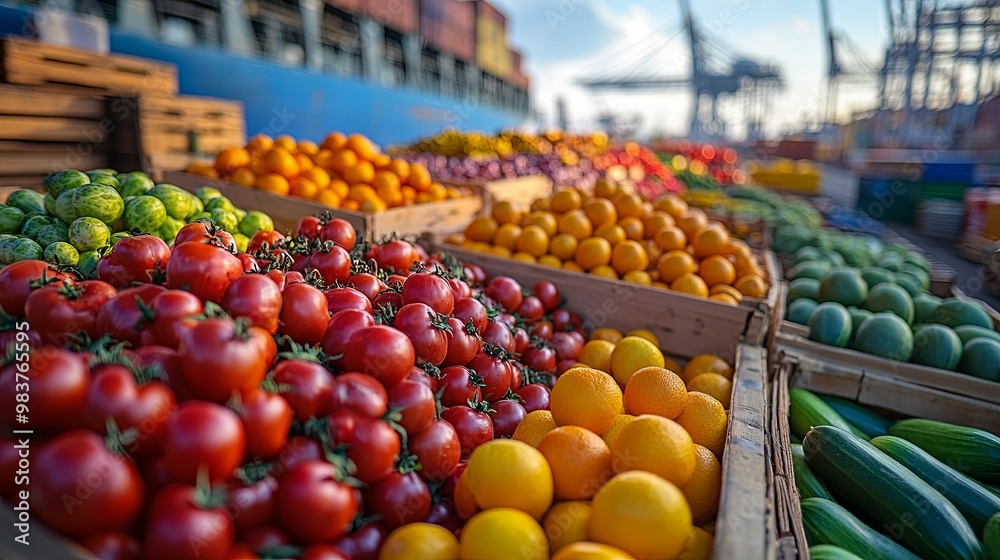 Colorful Produce Displayed in Wooden Crates at a Market Colorful Produce Displayed in Wooden Crates at a Market