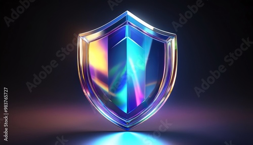 A vibrant, polished shield symbolizing protection and security against threats, glowing with colorful reflections in a dark background.