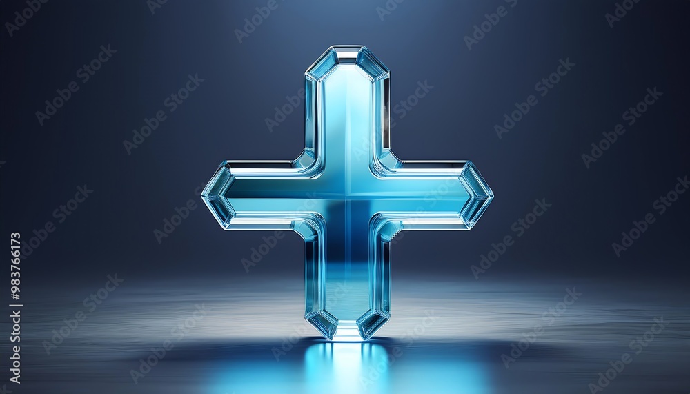 Fototapeta premium A crystal-like blue plus sign illuminates against a dark background, creating a sleek and modern aesthetic.