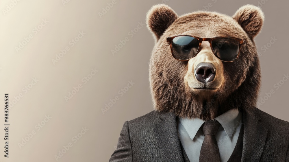 A bear dressed in a suit and wearing sunglasses, with a neutral background, personifying confidence and style. A bear dressed in a suit and wearing sunglasses, with a neutral background, personifying confidence and style.