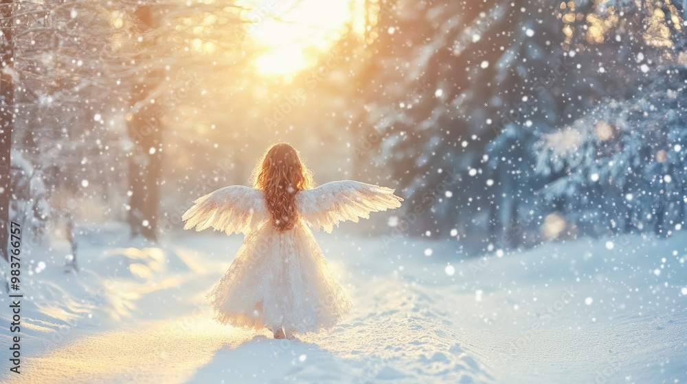 An enchanting scene starring a lovely angel in a snowy winter landscape Christmas card transparent background An enchanting scene starring a lovely angel in a snowy winter landscape Christmas card transparent background