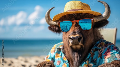 A bison wearing sunglasses and a hat on a tropical beach. Unique and humorous concept, perfect for summer or vacation themes.