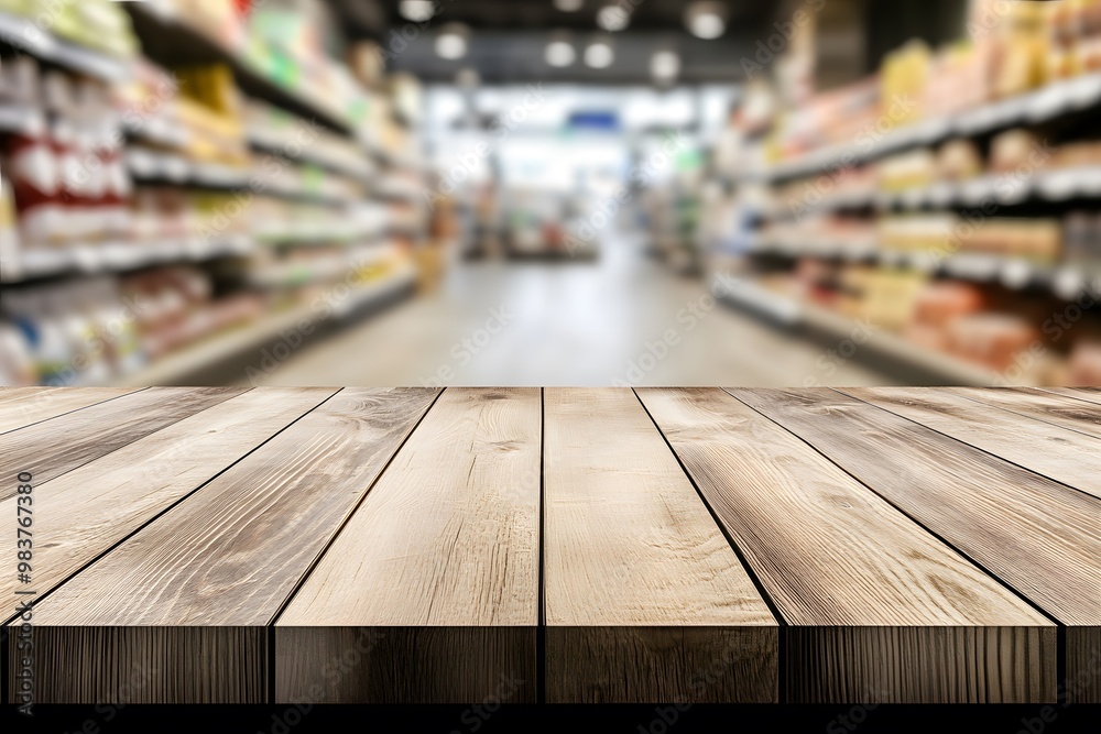 Empty wooden table top with a blurred supermarket interior background Empty wooden table top with a blurred supermarket interior background