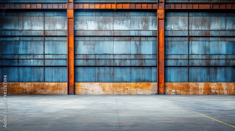 Fototapeta premium A large industrial space with a weathered metal wall and concrete floor, suitable for storage.