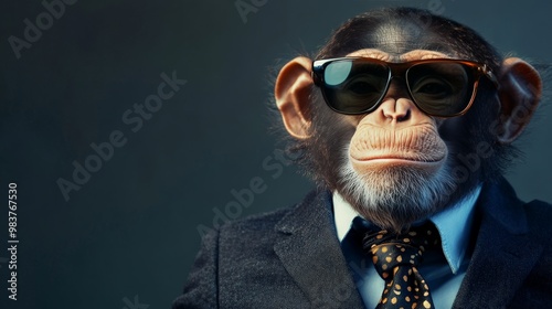 A chimpanzee dressed in a suit and tie wearing sunglasses on a dark background, creating a humorous and whimsical image. photo