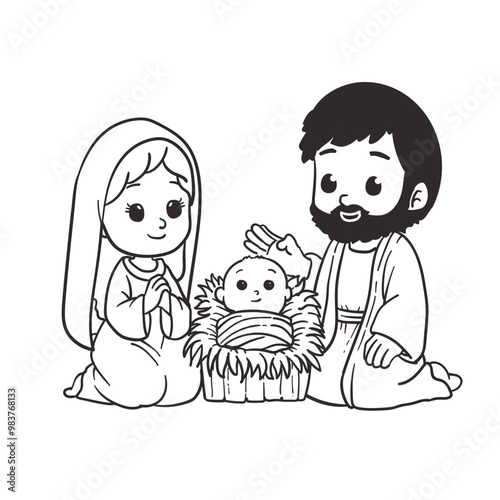 Nativity scene with baby Jesus for coloring book
