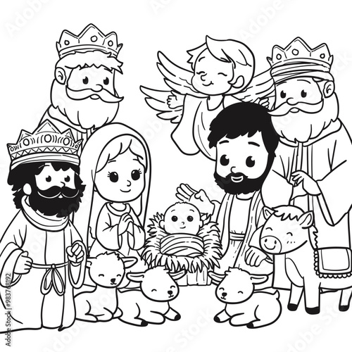 Nativity scene with baby Jesus for coloring book
