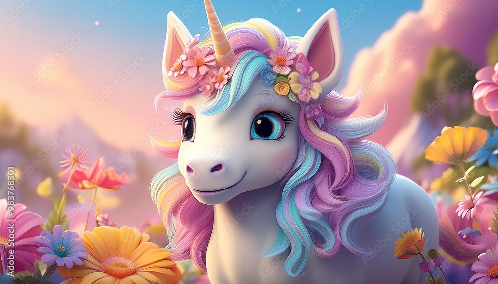 Naklejka premium A charming unicorn with a colorful mane adorned with flowers, surrounded by vibrant blooms in a magical landscape.