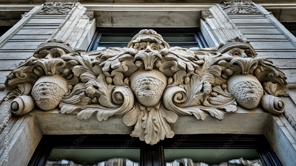 Ornate architectural relief featuring intricate floral and shield motifs above windows. Ornate architectural relief featuring intricate floral and shield motifs above windows.