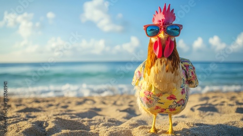 A fun chicken wearing sunglasses and a floral shirt enjoys a sunny day at the beach, capturing a unique and humorous summer vacation vibe.