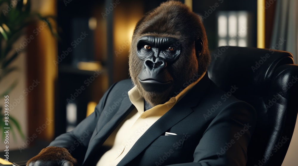 A gorilla dressed in a business suit, sitting in an office setting, representing humor and creativity in professional environments. A gorilla dressed in a business suit, sitting in an office setting, representing humor and creativity in professional environments.