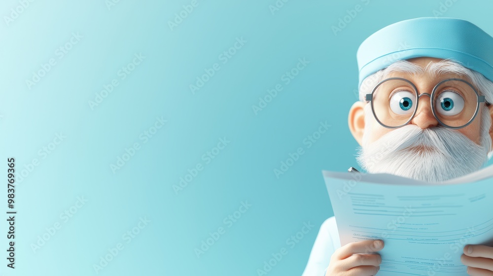 Curious Cartoon Character in Blue Scrubs with Papers