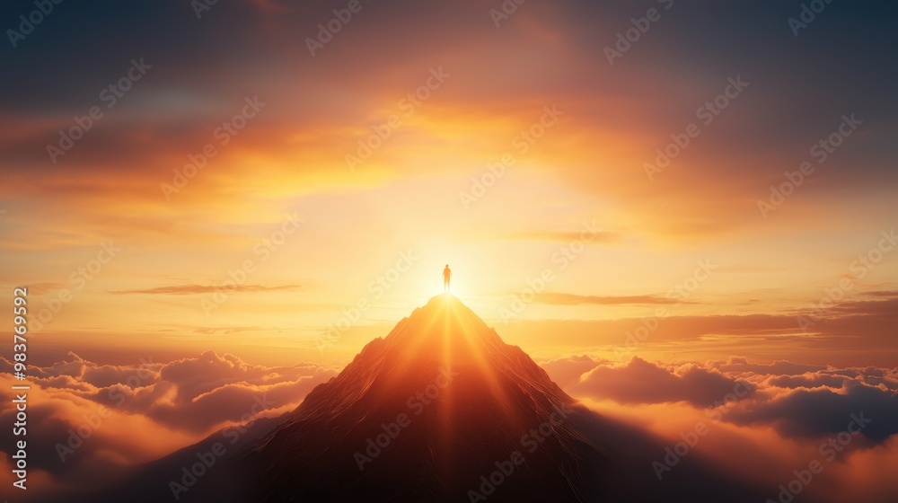 Sunset Over Mountain Peak with Solo Hiker Silhouette Sunset Over Mountain Peak with Solo Hiker Silhouette
