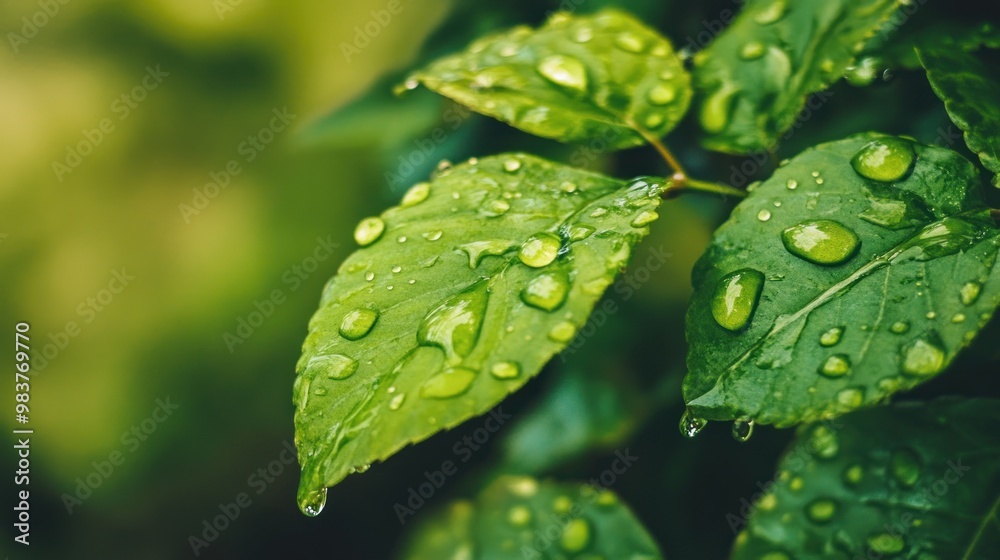 Dew Drops on Green Leaves