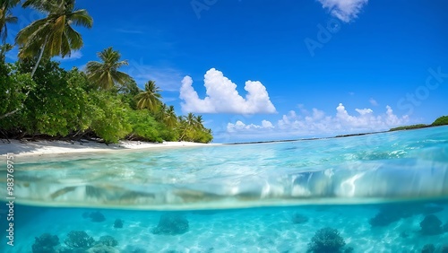 Crystal-clear turquoise sea reflecting blue sky, with an idyllic island covered in green palms_023