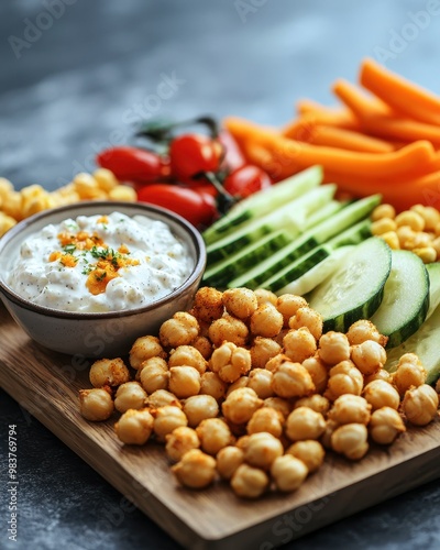 A colorful platter of fresh vegetables, popcorn, and dip, perfect for snacking and sharing.