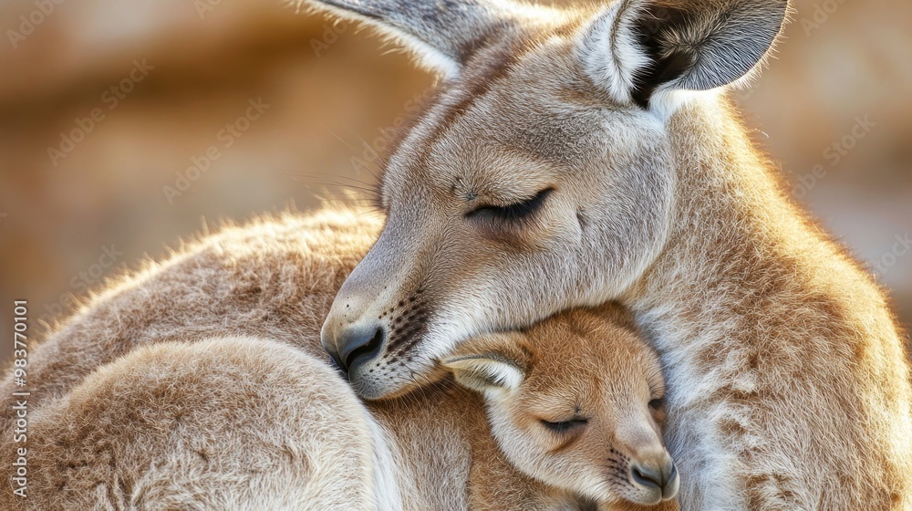 Fototapeta premium A kangaroo and its joey nestled together, showcasing maternal affection in nature.