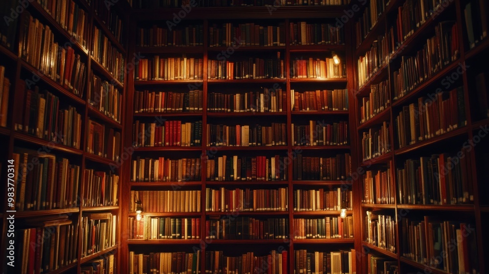 A cozy library filled with shelves of books, illuminated by soft lighting.