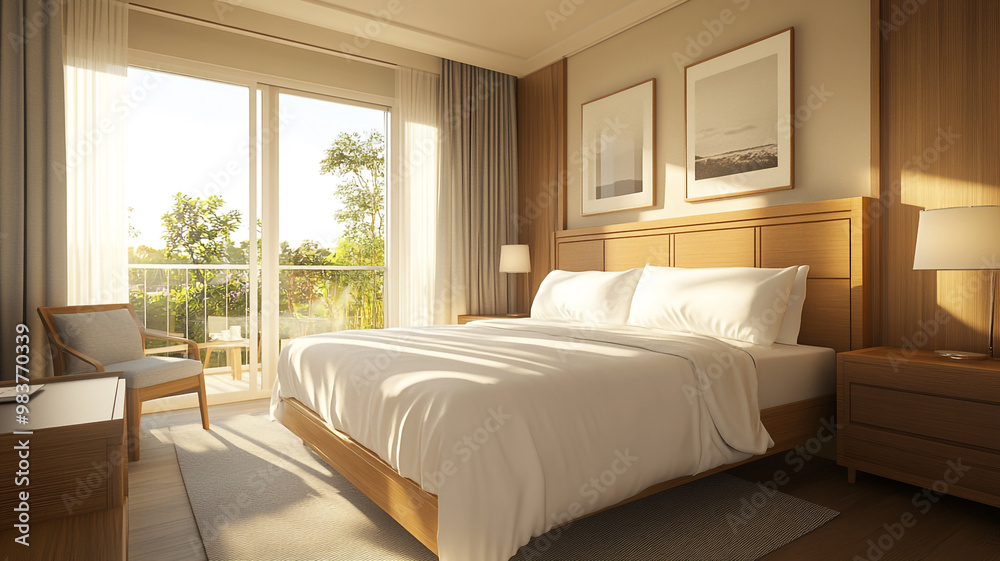 Serene bedroom in a modern hotel with sunlight filtering through large windows in the afternoon Serene bedroom in a modern hotel with sunlight filtering through large windows in the afternoon