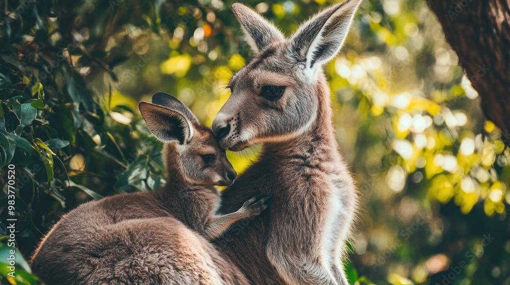 Fototapeta premium A tender moment between a kangaroo and its joey in a natural setting.