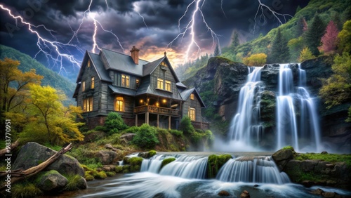 A Rustic House by a Cascading Waterfall Under a Stormy Sky photo