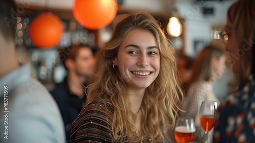 Joyful Woman Smiling at Bar with Drinks