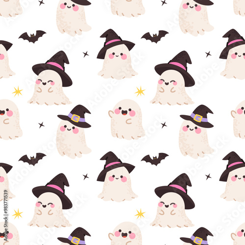 Cute pattern, background, with a ghost with a witch's hat, vector seamless pattern for holidays