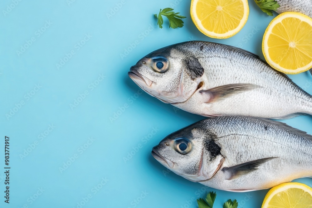 Two Fresh Whole Fish with Lemon Slices and Parsley on a Blue Background
