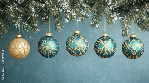 Elegant Gold and Teal Christmas Ornaments Hanging on a Green Holiday Tree with Glittering Snowflakes, Perfect for a Luxurious Winter Holiday Design