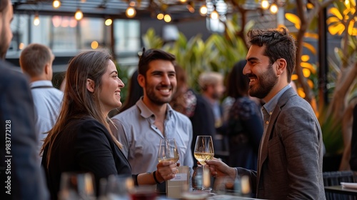 Evening Gathering at Stylish Rooftop Bar Setting