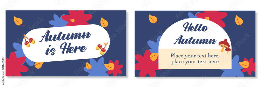 Fototapeta premium happy thanksgiving greeting or autumn fall season flat background with maple leaves or leaf Vector illustration for Thanksgiving autumn, harvest festival. Template for poster, banner, cards