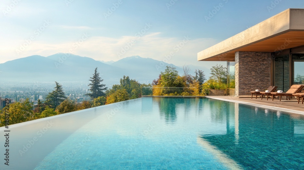 Fototapeta premium Luxurious infinity pool overlooking mountains and a scenic landscape at sunset.