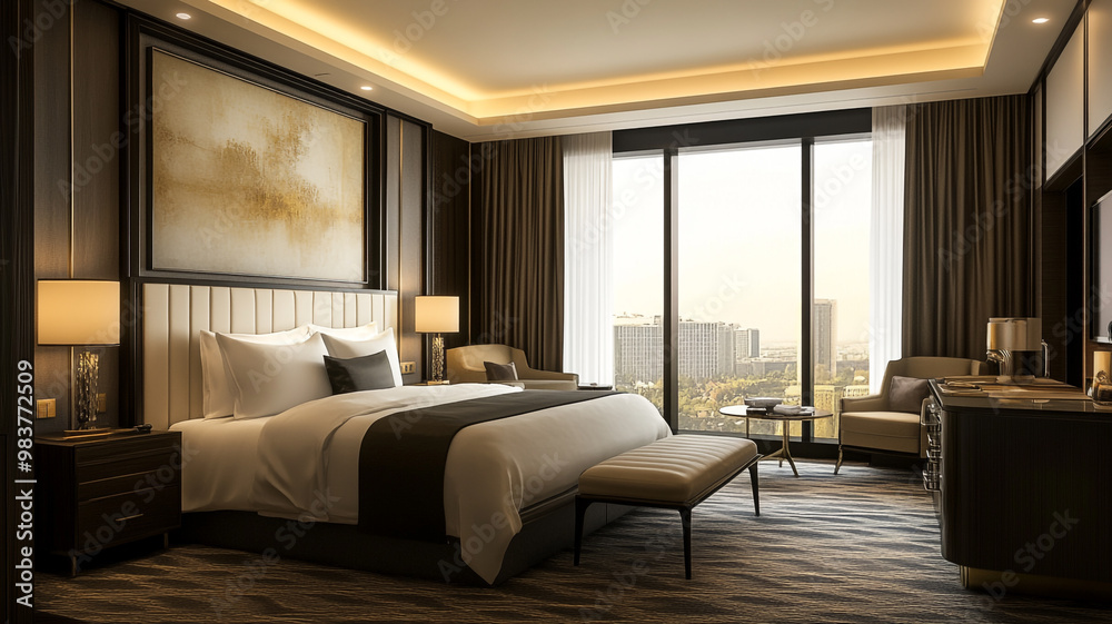 Luxurious hotel room with modern decor and a view of the city skyline during sunset Luxurious hotel room with modern decor and a view of the city skyline during sunset