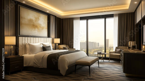 Luxurious hotel room with modern decor and a view of the city skyline during sunset