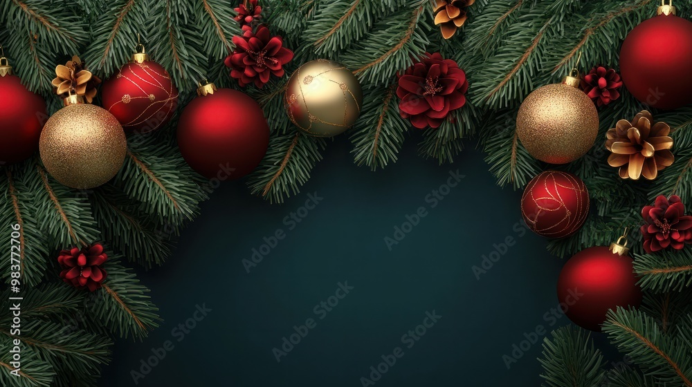 Festive christmas tree branches adorned with shiny red and gold baubles Festive christmas tree branches adorned with shiny red and gold baubles