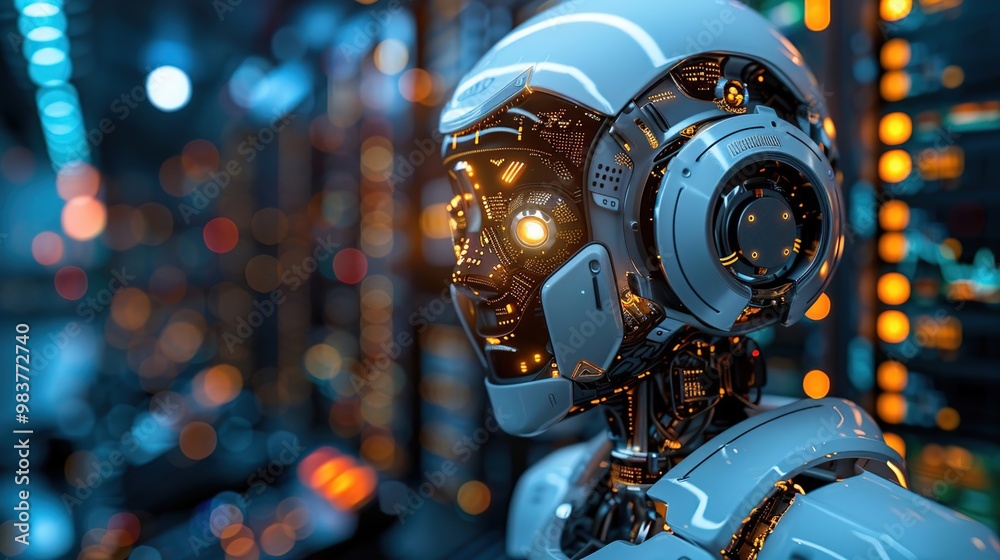 Futuristic Robot with Luminous Features in Data Center Futuristic Robot with Luminous Features in Data Center