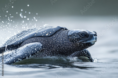 Leatherback Turtle Surfacing Water Droplets Cascading from Its Shell photo