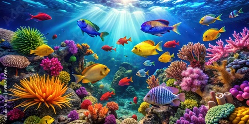 Vibrant underwater scene with a colorful collection of tropical fish and corals, underwater, paradise, tropical, fish