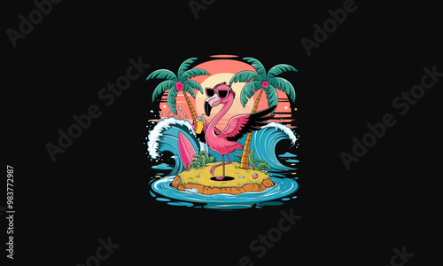 Cool flamingo surfing island at sunset with drink