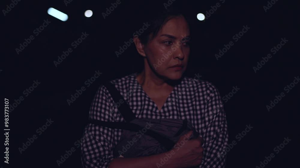 Asian woman scared of being robbed of her bag, woman walking in parking lot, dark, scared, stressed, woman, victim, panicking, running away from a chase, threatening, dangerous, chasing alone.