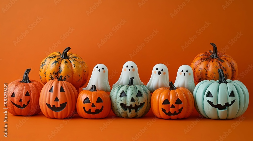 Halloween Pumpkins and Ghosts with Orange Background Halloween Pumpkins and Ghosts with Orange Background