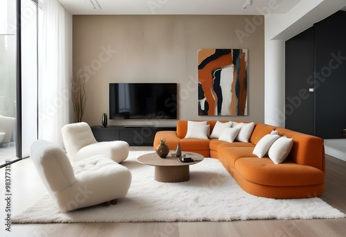 A modern living room with an orange sectional sofa, a large abstract painting on the wall, and a shag rug on the floor. The room has a minimalist and contemporary design aesthetic. photo